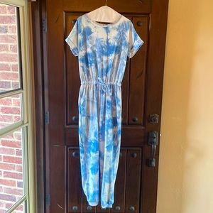 Women blue/white tie dye, short sleeve jump suit